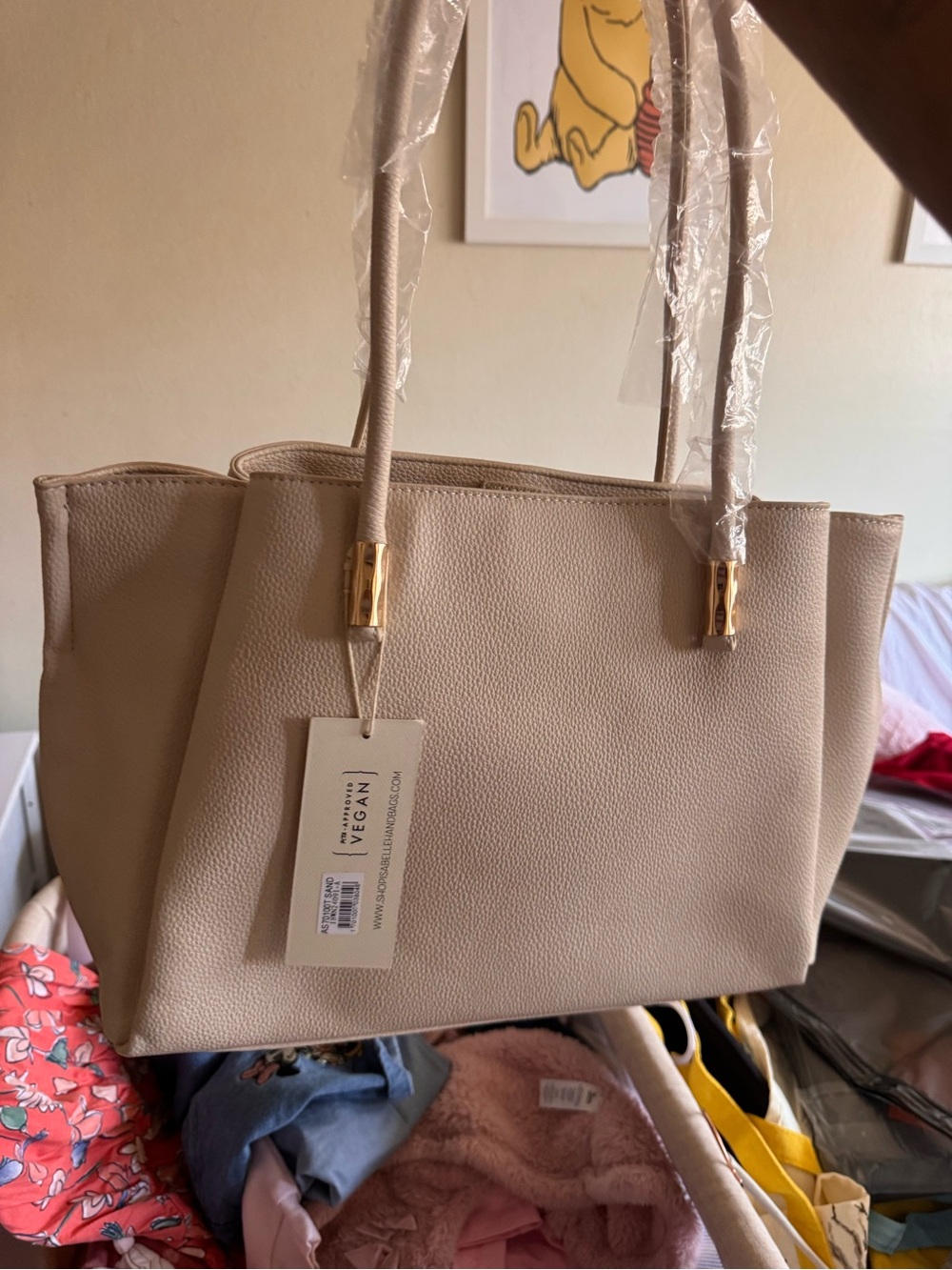 Beige Vegan Tote with Gold Accents